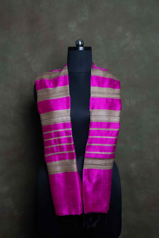 Raw Silk Stripe Pink Silver Striped  Stole