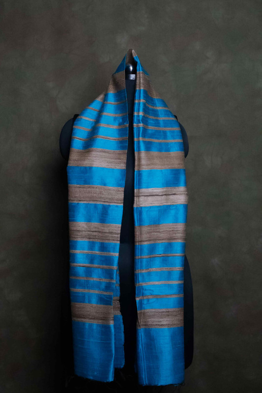 Raw Silk Stripe Sea Blue Silver Striped  Stole