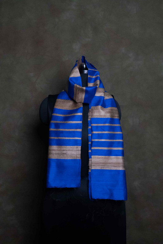 Raw Silk Stripe Blue Silver Striped  Stole