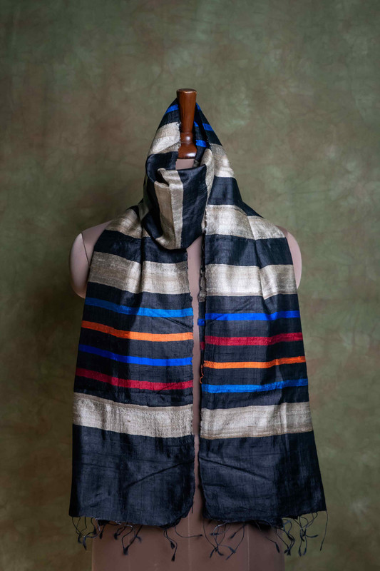 Raw Silk Plain Black Silver Striped  Stole