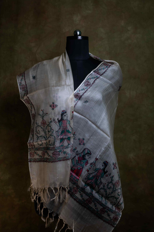 Paper Silk Madhubani Hand Painting Natural  Stole