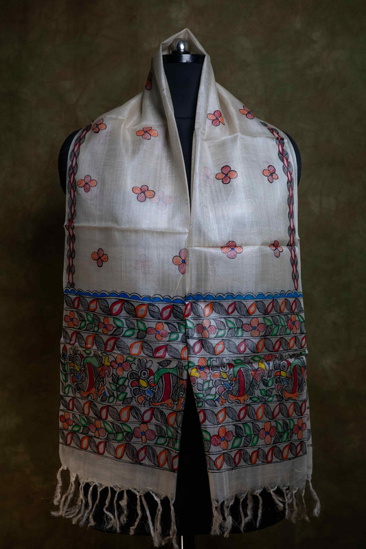 Tussar Silk Madhubani Hand Painting Natural  Stole