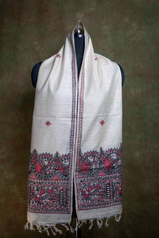Munga Silk Madhubani Hand Painting Natural  Stole