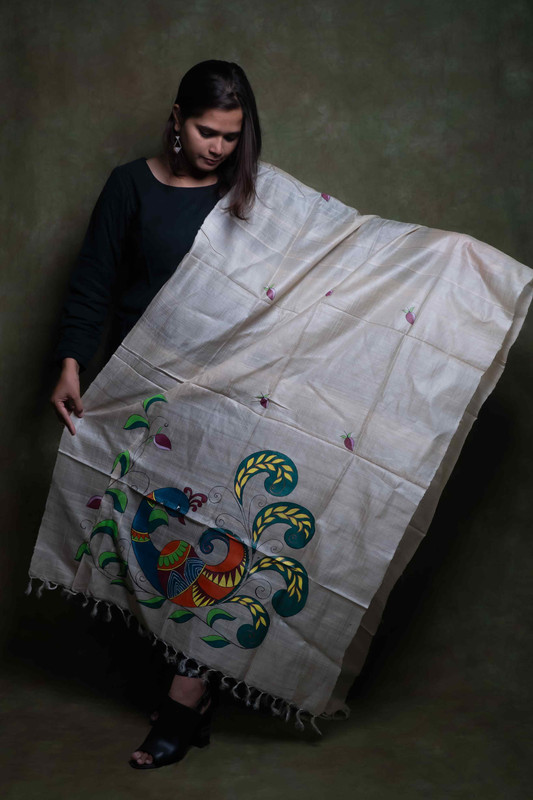 Tussar Silk Madhubani Hand Painting Natural  Dupatta