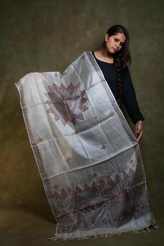 Tussar Silk Madhubani Hand Painting Silver Grey  Dupatta