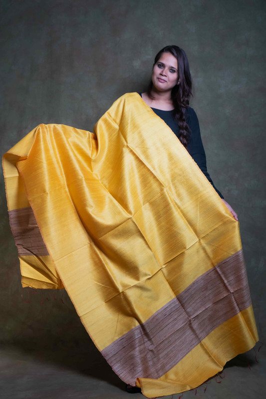 Raw Silk Plain Ghicha Border Yellow  Dupatta