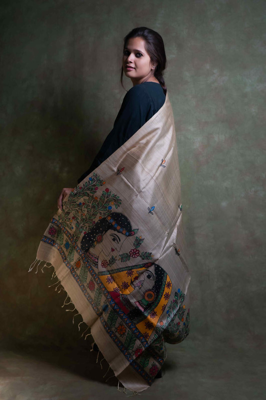 Tussar Silk Madhubani Hand Painting Natural  Dupatta