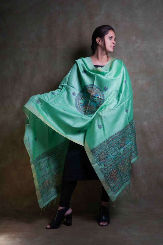 Munga Silk Madhubani Hand Painting Green  Dupatta