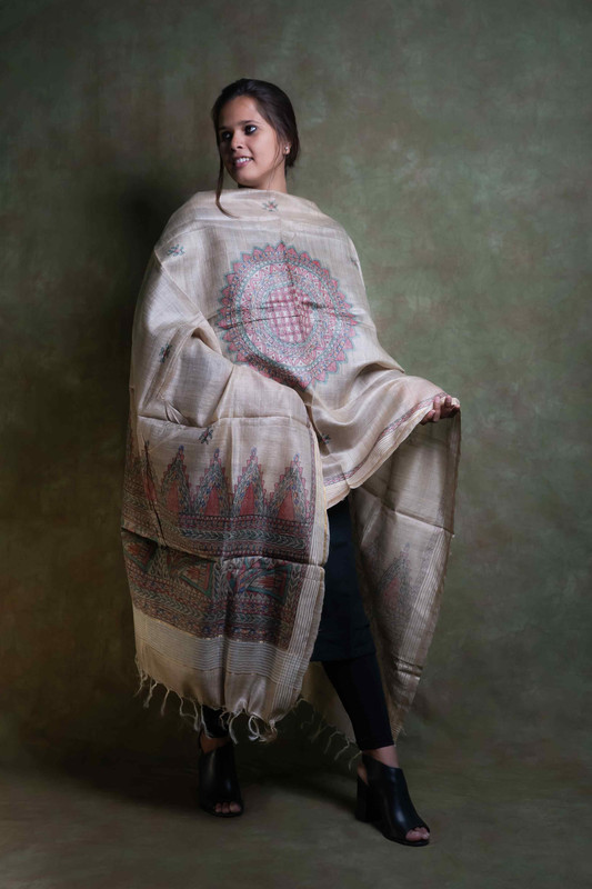 Tussar Silk Madhubani Hand Painting Bage  Dupatta