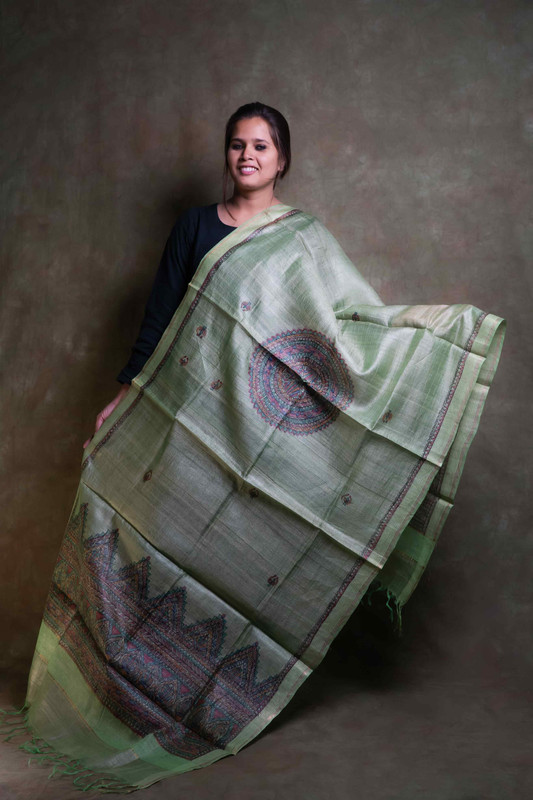 Tussar Silk Madhubani Hand Painting Light Green  Dupatta