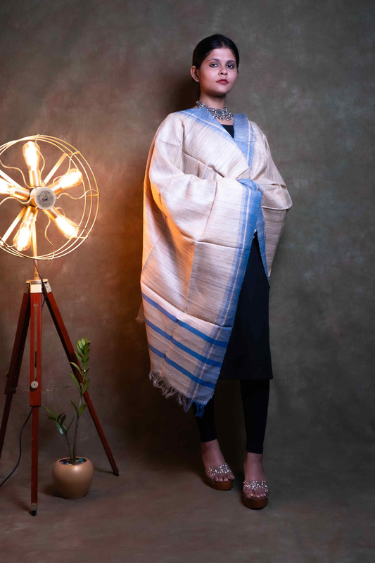Ghichha Silk Causal Natural Blue Border  Dupatta
