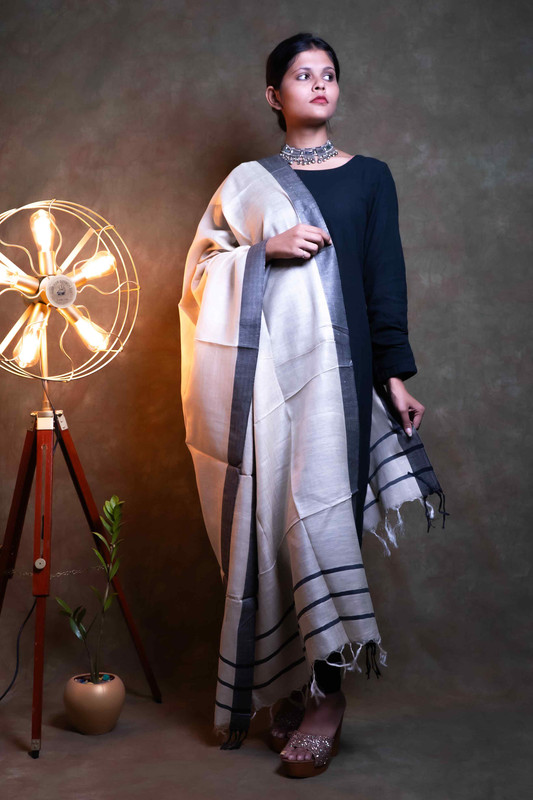 Munga Silk Causal Natural Black Border  Dupatta
