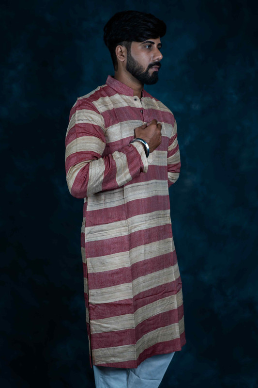Ethnic Raw Silk Kurta Stripe(Rustic Pink & Beige)