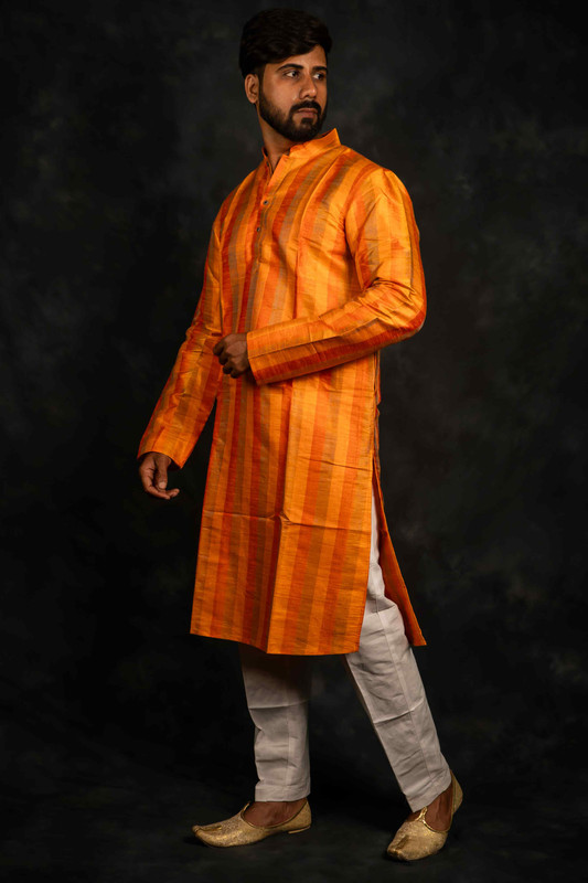 Ethnic Raw Silk Kurta Stripe(Orange)