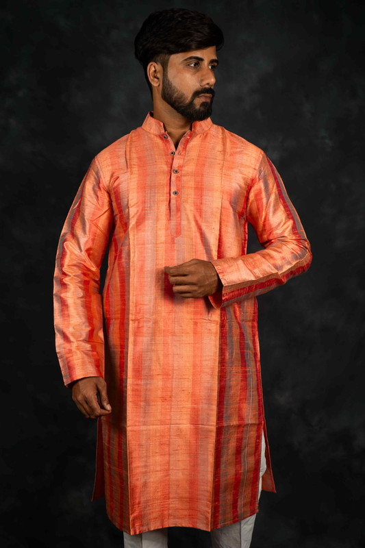 Ethnic Raw Silk Kurta Stripe(Peach)