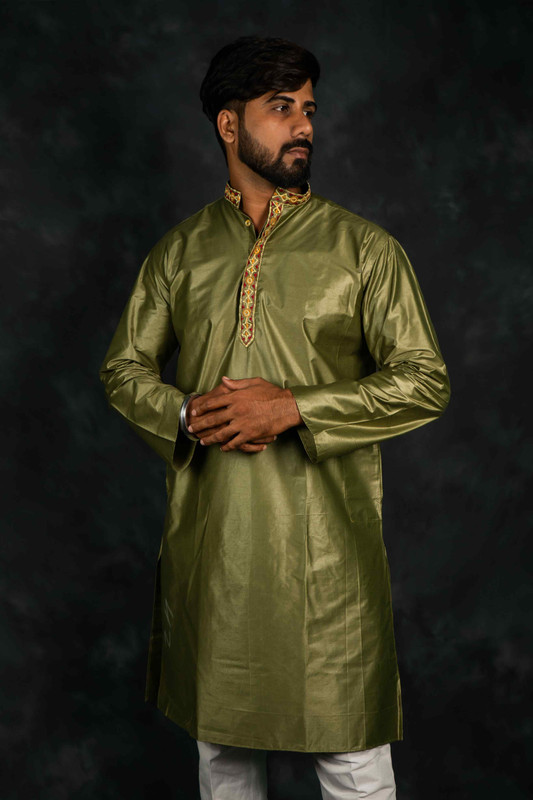 Ethnic Chanderi Silk Kurta Plain(Olive Green)