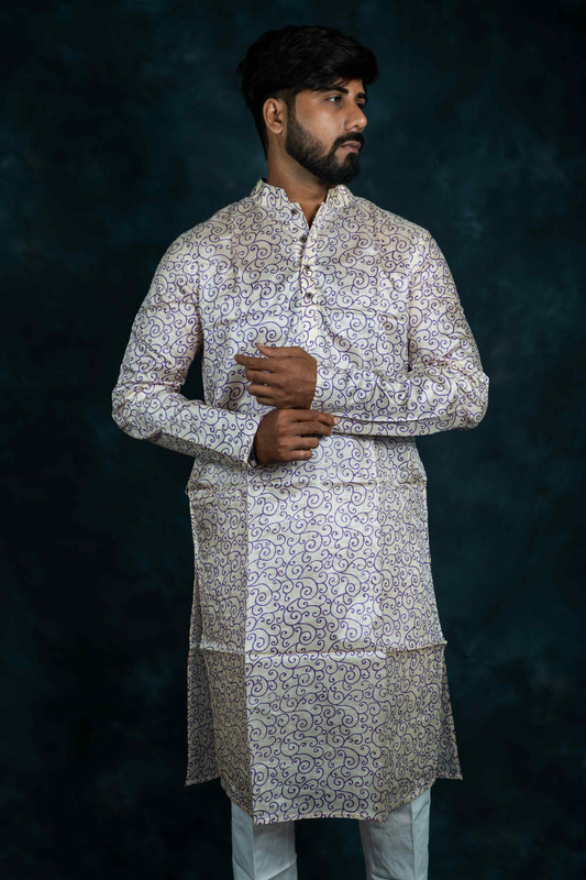 Ethnic Silk Kurta Printed(Off White & Purple)