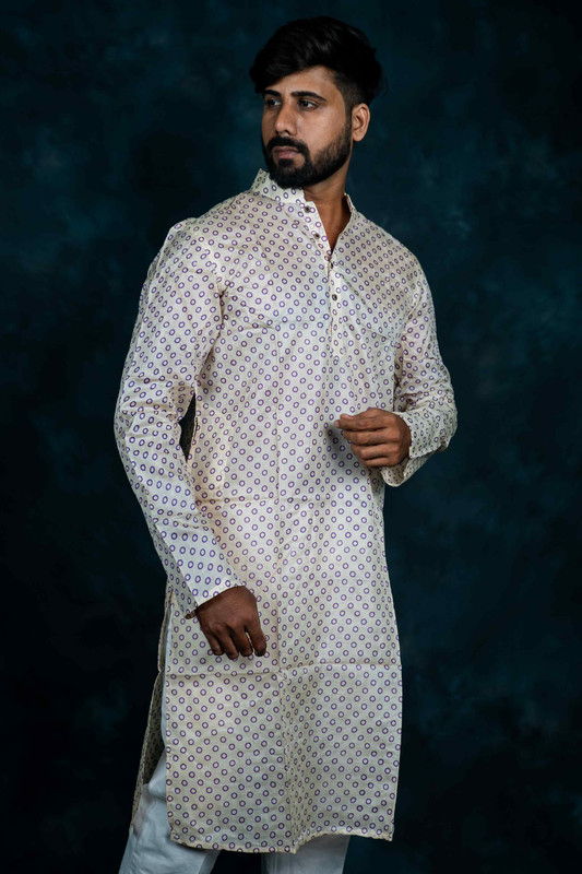 Ethnic Silk Kurta Printed(Off White & Purple)