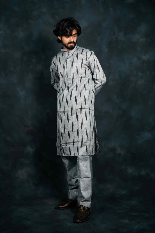 Ethnic Pure Cotton Ikkat Kurta & Pajama Set(Light Grey)