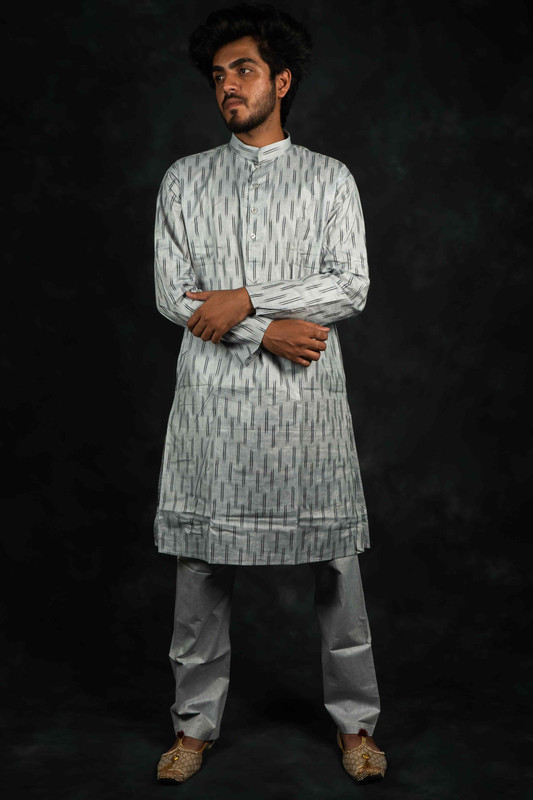 Ethnic Pure Cotton Ikkat Kurta & Pajama Set(Light Grey)