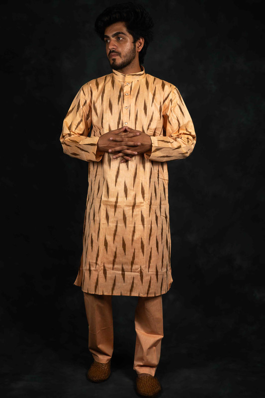 Ethnic Pure Cotton Ikkat Kurta & Pajama Set(Light Orange)