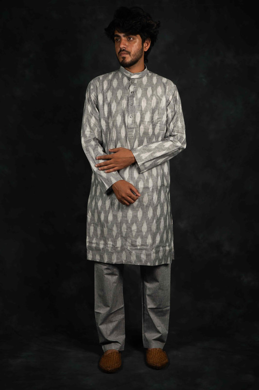 Ethnic Pure Cotton Ikkat Kurta & Pajama Set(Grey)