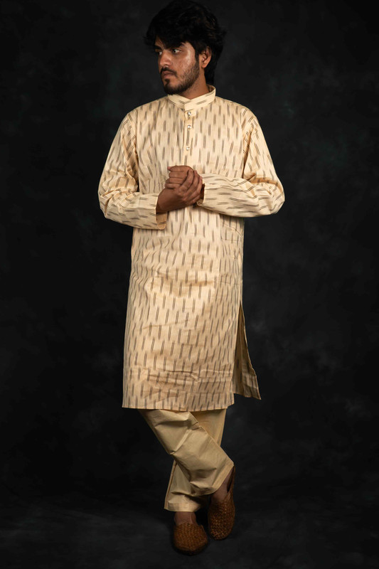 Ethnic Pure Cotton Ikkat Kurta & Pajama Set(Light Beige)