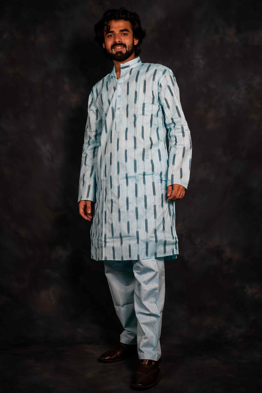 Ethnic Pure Cotton Ikkat Kurta & Pajama Set(Light Blue)
