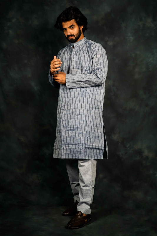 Ethnic Pure Cotton Ikkat Kurta & Pajama Set(Grey)