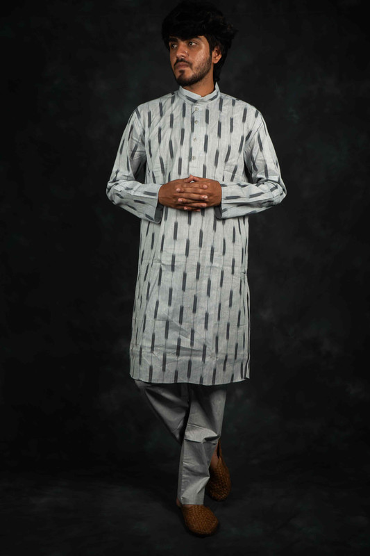 Ethnic Pure Cotton Ikkat Kurta & Pajama Set(Light Grey)