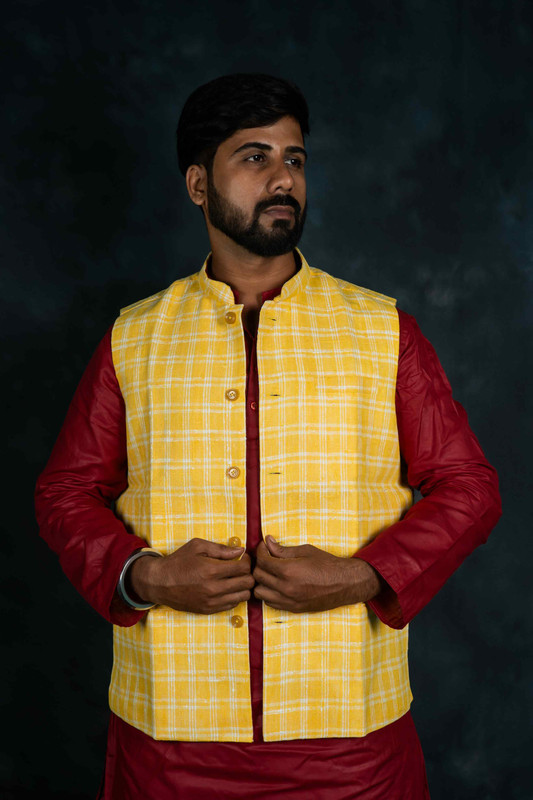 Khadi Nehru Jacket Check (Yellow & White)