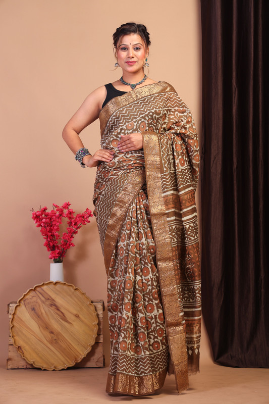 Bhagalpuri Cotton Silk Brown Hand Block Ethnic Saree With Blouse
