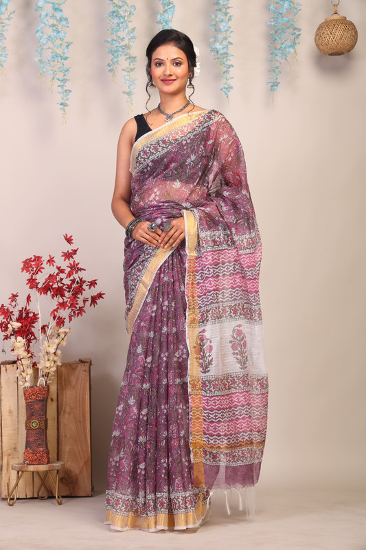 Bhagalpuri Kota Doria Light Wine Hand Block Ethnic Saree With Blouse