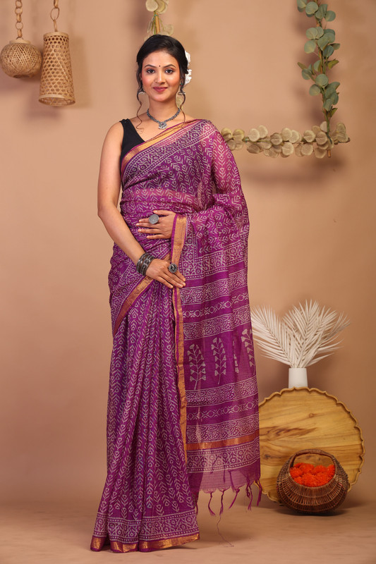 Bhagalpuri Kota Doria Purple Hand Block Ethnic Saree With Blouse