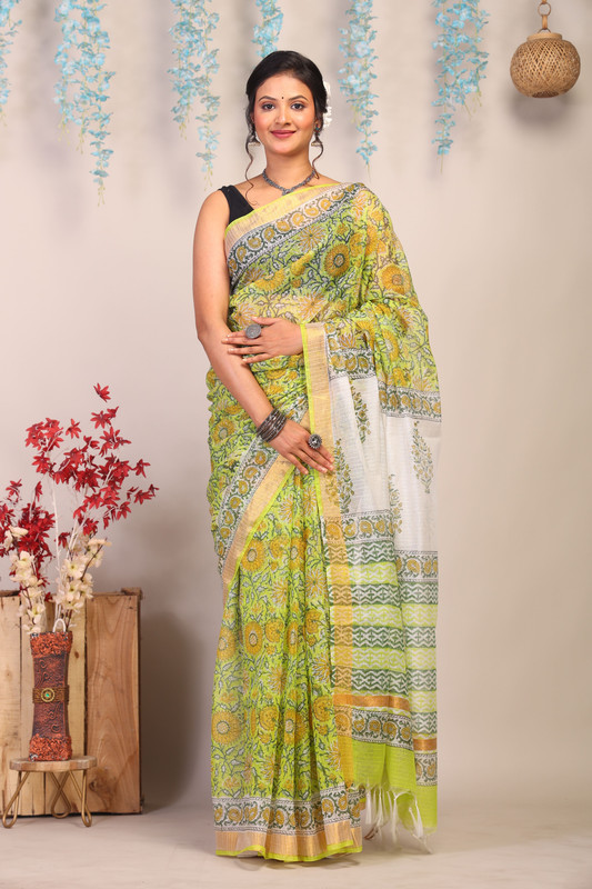 Bhagalpuri Kota Doria Parrot Green Hand Block Ethnic Saree With Blouse