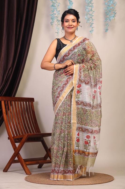 Bhagalpuri Kota Doria Olive Green Hand Block Ethnic Saree With Blouse