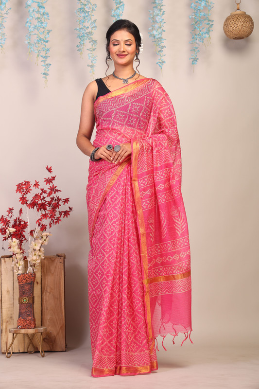 Bhagalpuri Kota Doria Pink Hand Block Ethnic Saree With Blouse