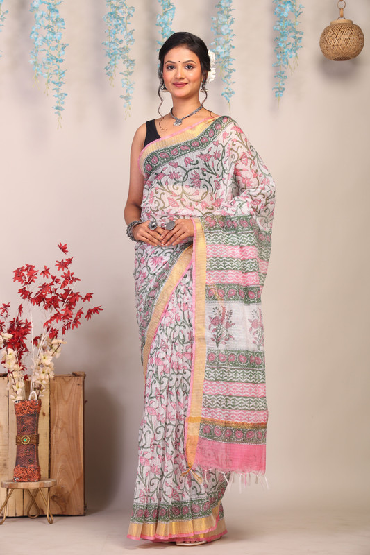 Bhagalpuri Kota Doria Multicolor Hand Block Ethnic Saree With Blouse
