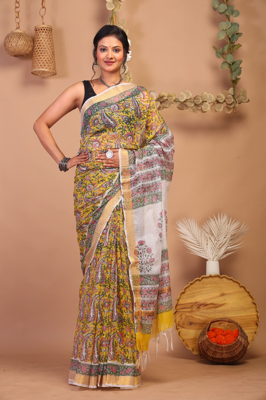 Bhagalpuri Kota Doria Multicolor Hand Block Ethnic Saree With Blouse