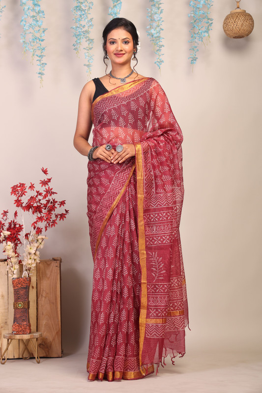 Bhagalpuri Kota Doria Maroon Hand Block Ethnic Saree With Blouse