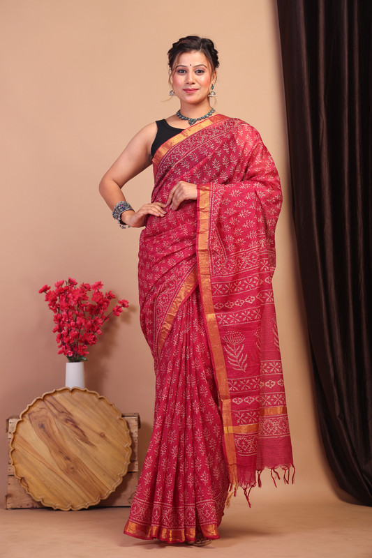 Bhagalpuri Kota Doria Rouge Pink Hand Block Ethnic Saree With Blouse