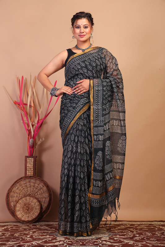 Bhagalpuri Kota Doria Black Hand Block Ethnic Saree With Blouse