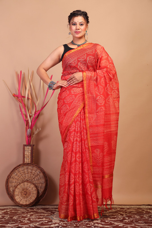 Bhagalpuri Kota Doria Red Hand Block Ethnic Saree With Blouse