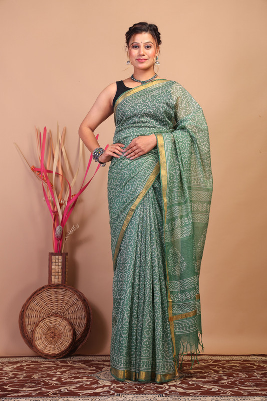 Bhagalpuri Kota Doria Green Hand Block Ethnic Saree With Blouse