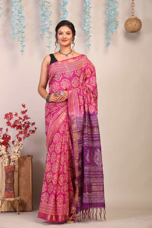 Bhagalpuri Cotton Silk Pink & Purple Hand Block Ethnic Saree With Blouse