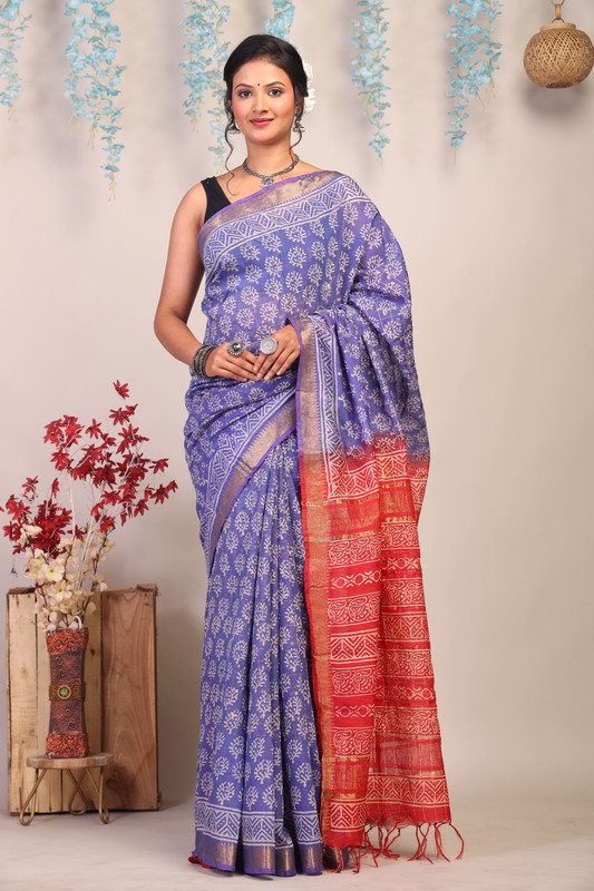 Bhagalpuri Cotton Silk Blue & Red Hand Block Ethnic Saree With Blouse