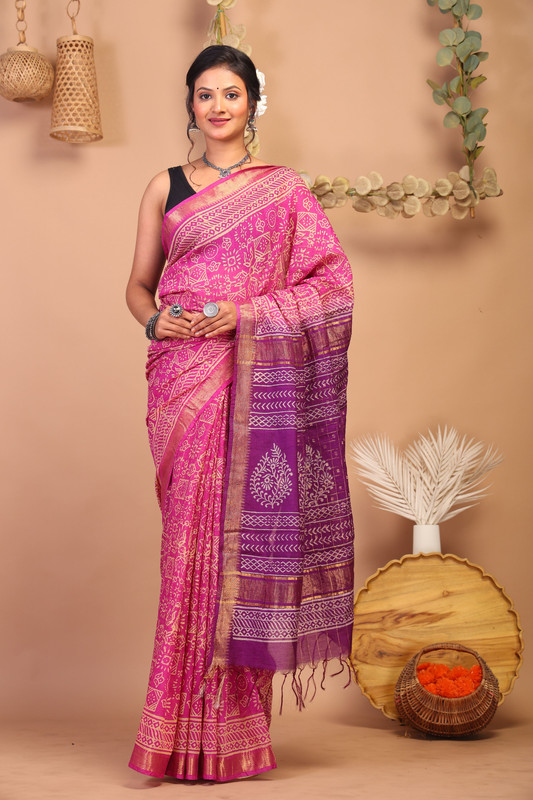 Bhagalpuri Cotton Silk Pink & Purple Hand Block Ethnic Saree With Blouse