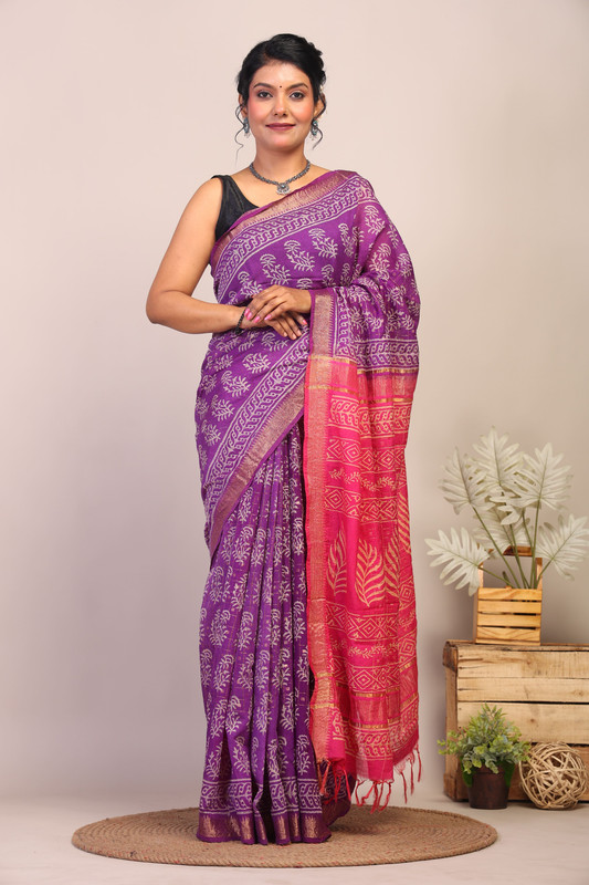Bhagalpuri Cotton Silk Purple & Pink Hand Block Ethnic Saree With Blouse