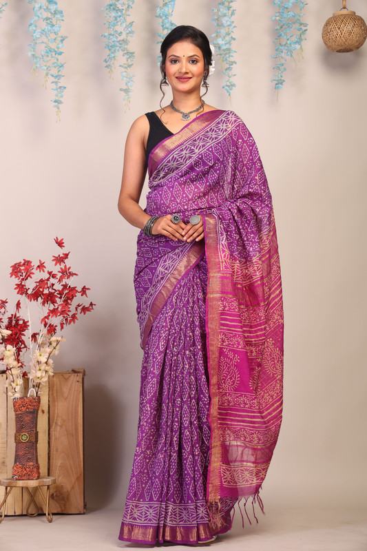 Bhagalpuri Cotton Silk Purple & Pink Hand Block Ethnic Saree With Blouse
