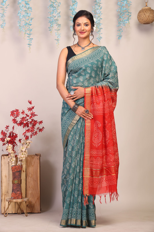 Bhagalpuri Cotton Silk Teal Green & Red Hand Block Ethnic Saree With Blouse
